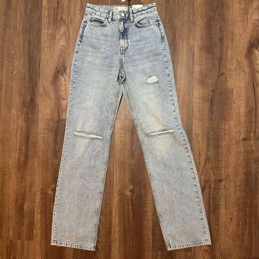 ZARA Light Wash Distressed Straight Leg Jeans